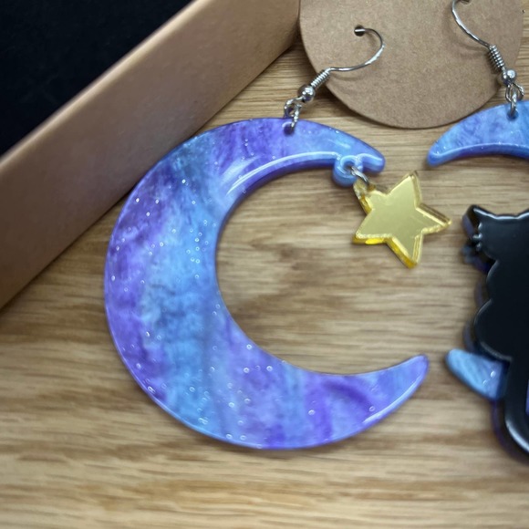 Black Cat Moon Star Purple Earrings Eras Tour Midnights Swiftie Gift w/ Box NEW - Picture 5 of 7